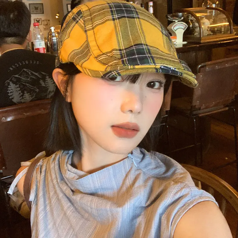 Retro Plaid Berets Hat for Women Spring Autumn Cotton Newsboy Cap Y2K Girls Adjustable Artist Painter Hats