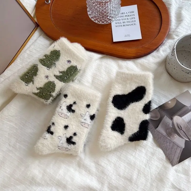 Winter Mink Plush Socks Women Cute Cartoon Cow Print Coral Fleece Sock Korean Indoor Thicken Warm Female Home Socks