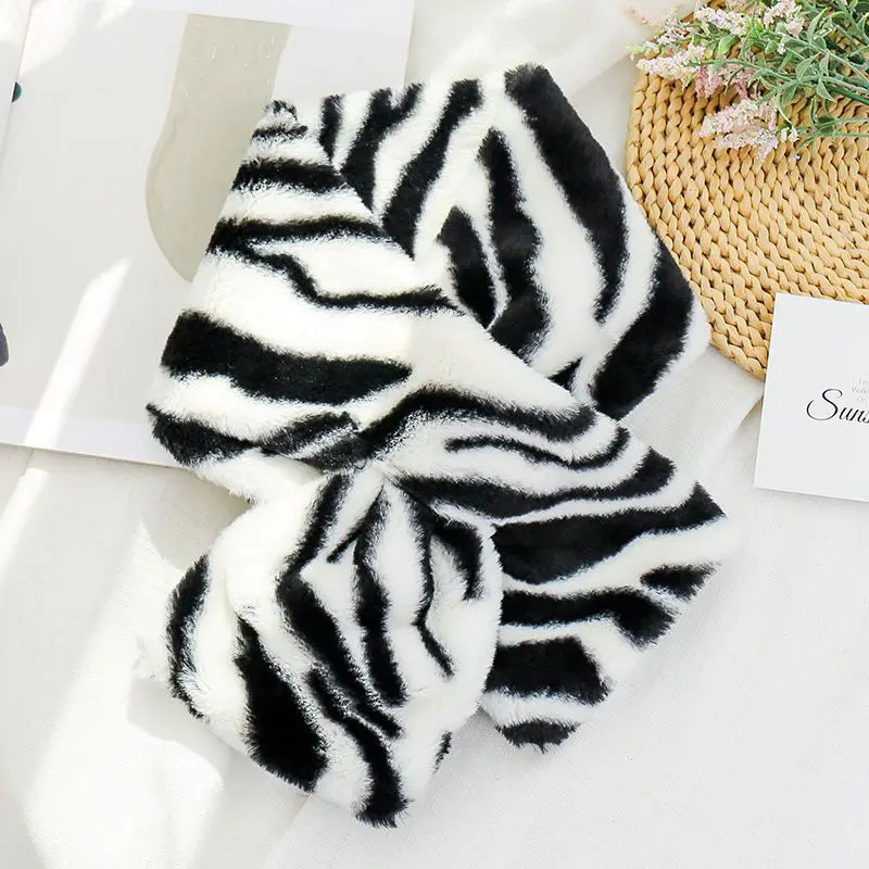 Winter Plush Scarf for Women Korean Striped Zebra Female Neckerchief Thicken Warm Faux Rabbit Fur Neck Protection Fake Collar