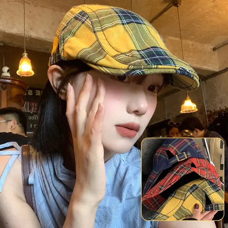 Retro Plaid Berets Hat for Women Spring Autumn Cotton Newsboy Cap Y2K Girls Adjustable Artist Painter Hats