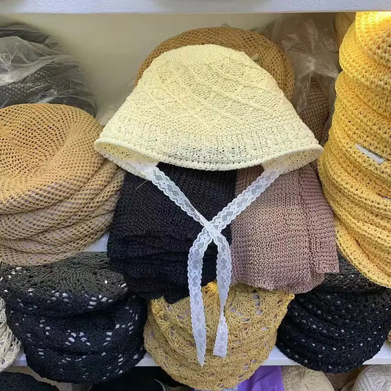 Summer Knit Bucket Hat for Women Outdoor Breathable Hollow Sunscreen Fisherman Cap Korean Solid Color Strap Basin Caps