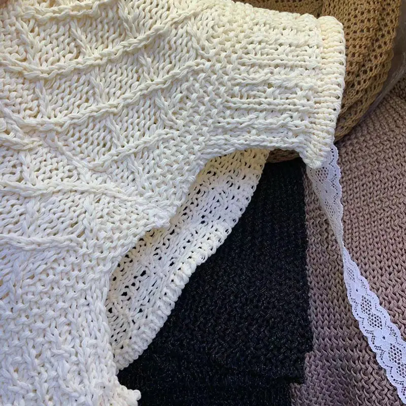 Summer Knit Bucket Hat for Women Outdoor Breathable Hollow Sunscreen Fisherman Cap Korean Solid Color Strap Basin Caps