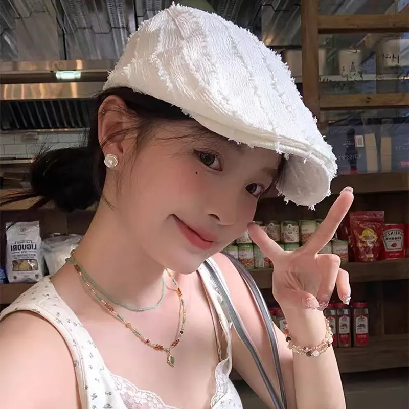 Solid Color Beret Cap for Women Japanese Retro Striped Painter Hat Spring Summer Versatile Thin Newsboy Caps Female Gift