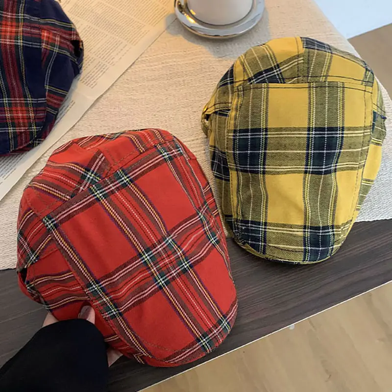 Retro Plaid Berets Hat for Women Spring Autumn Cotton Newsboy Cap Y2K Girls Adjustable Artist Painter Hats