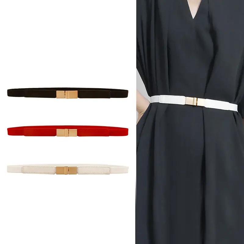 New Metal Buckle Elastic Belt for Women Solid Color Stretchy Waistband  Lady Female Dress Shirt Skinny Decorative Waist Strap