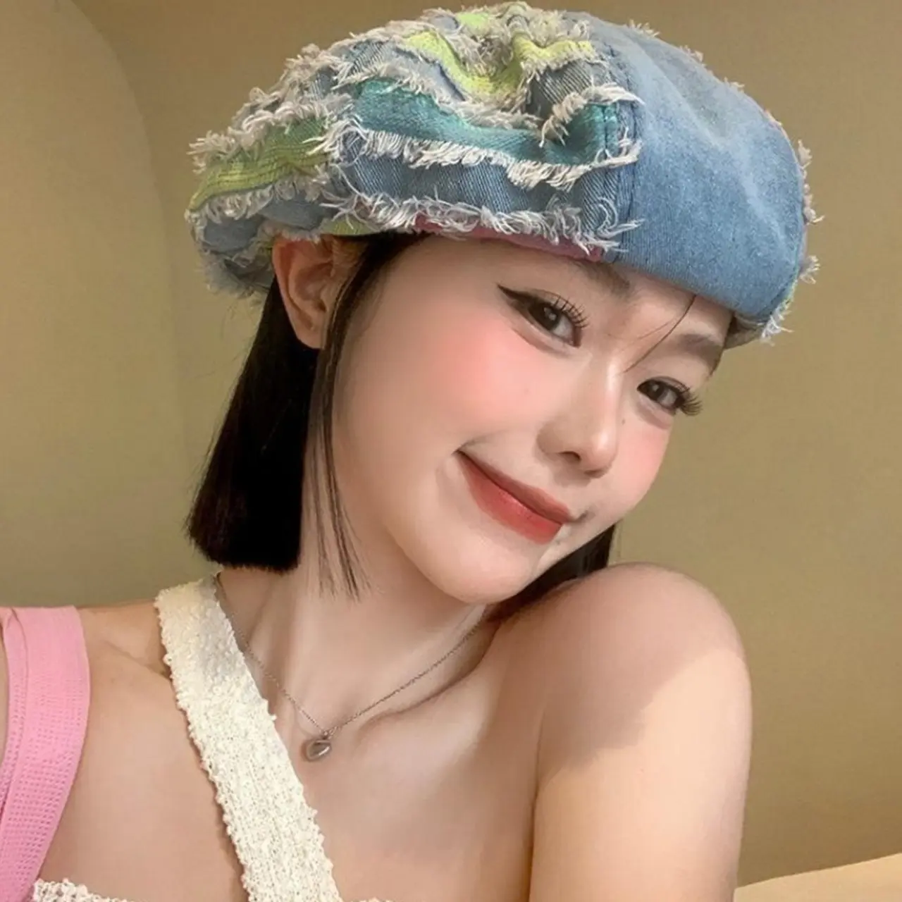 Washed Denim Beret Hat for Women Y2K Patchwork Hole Octagonal Cap Girls Korean Versatile Painter Artist Caps