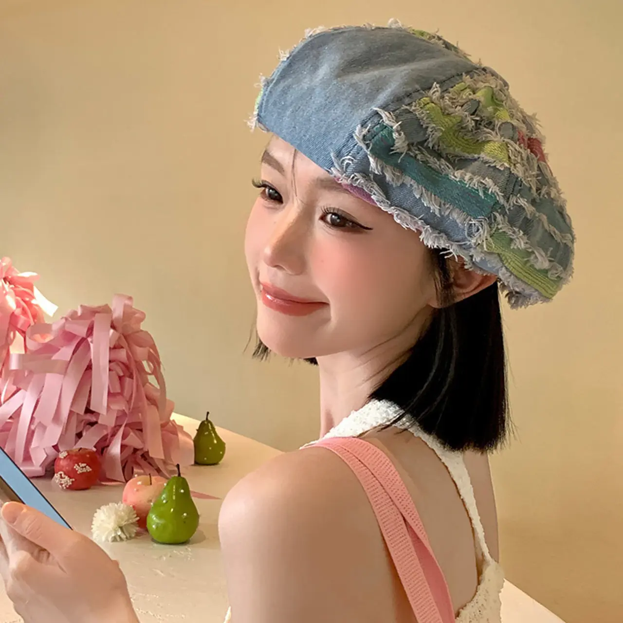 Washed Denim Beret Hat for Women Y2K Patchwork Hole Octagonal Cap Girls Korean Versatile Painter Artist Caps