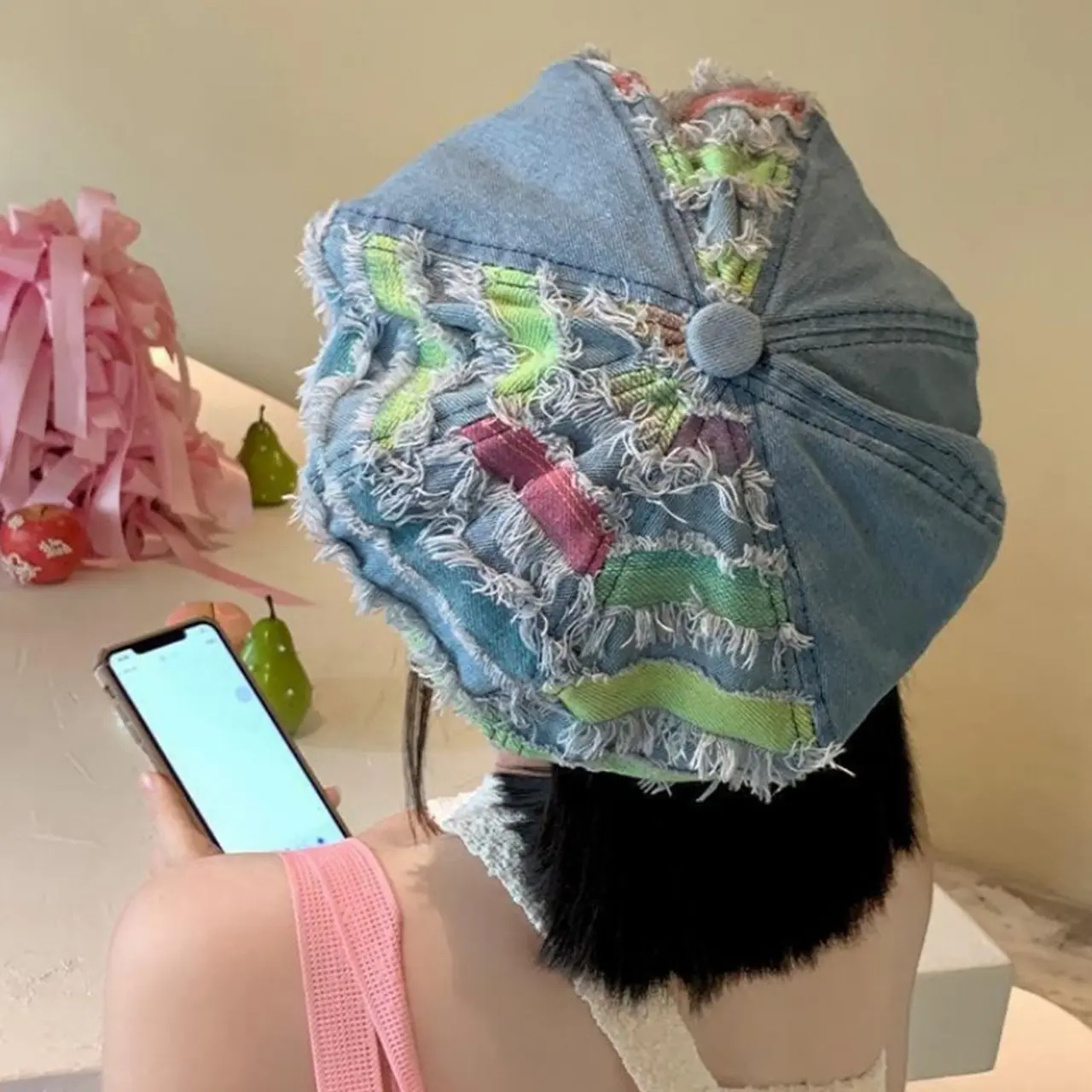Washed Denim Beret Hat for Women Y2K Patchwork Hole Octagonal Cap Girls Korean Versatile Painter Artist Caps