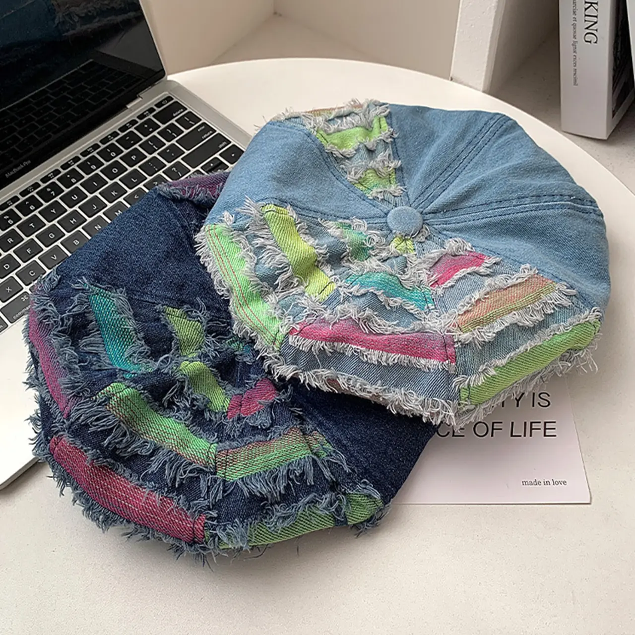 Washed Denim Beret Hat for Women Y2K Patchwork Hole Octagonal Cap Girls Korean Versatile Painter Artist Caps
