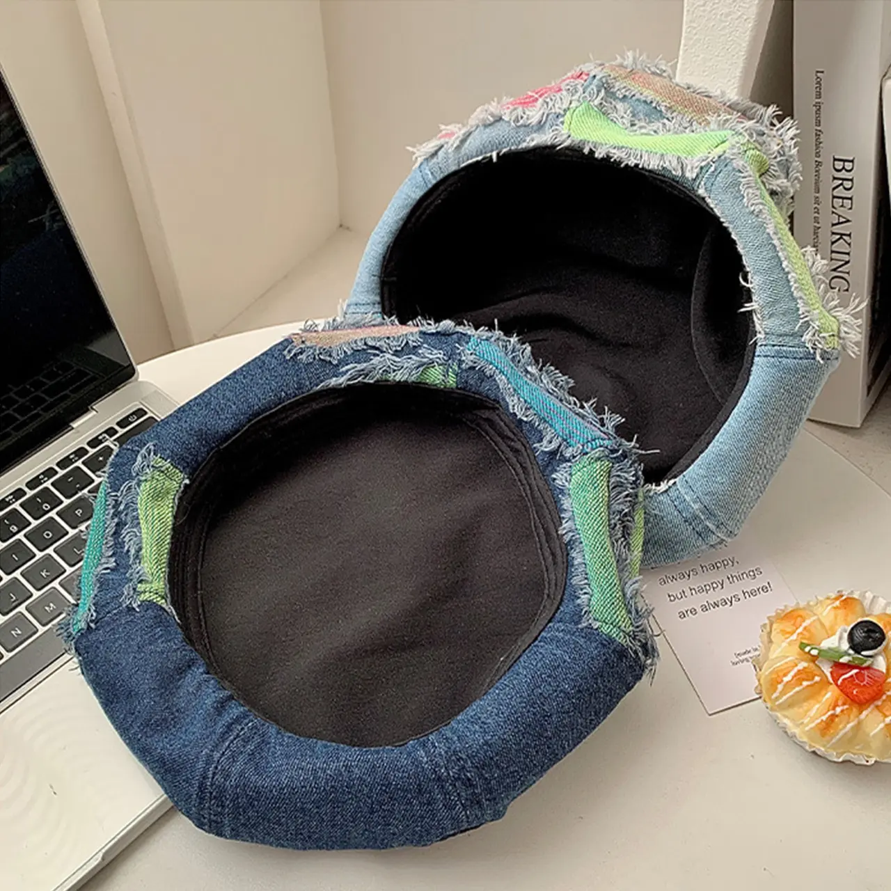 Washed Denim Beret Hat for Women Y2K Patchwork Hole Octagonal Cap Girls Korean Versatile Painter Artist Caps