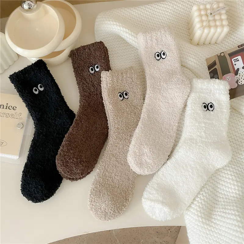 Cute Coral Fleece Socks Women Winter Warm Thicken Plush Indoor Sock Cartoon Big Eye Solid Color Female Floor Socks