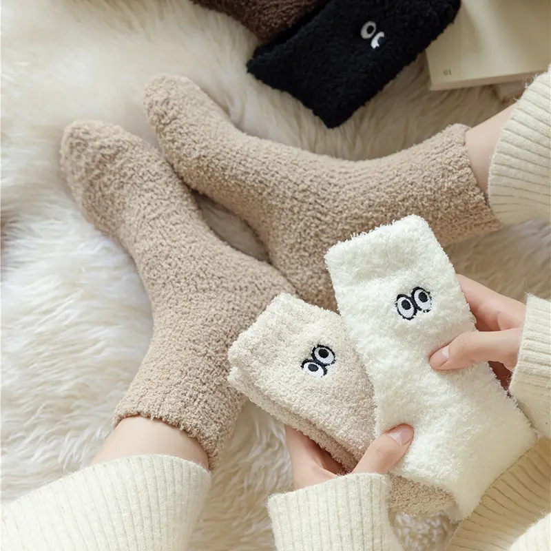 Cute Coral Fleece Socks Women Winter Warm Thicken Plush Indoor Sock Cartoon Big Eye Solid Color Female Floor Socks