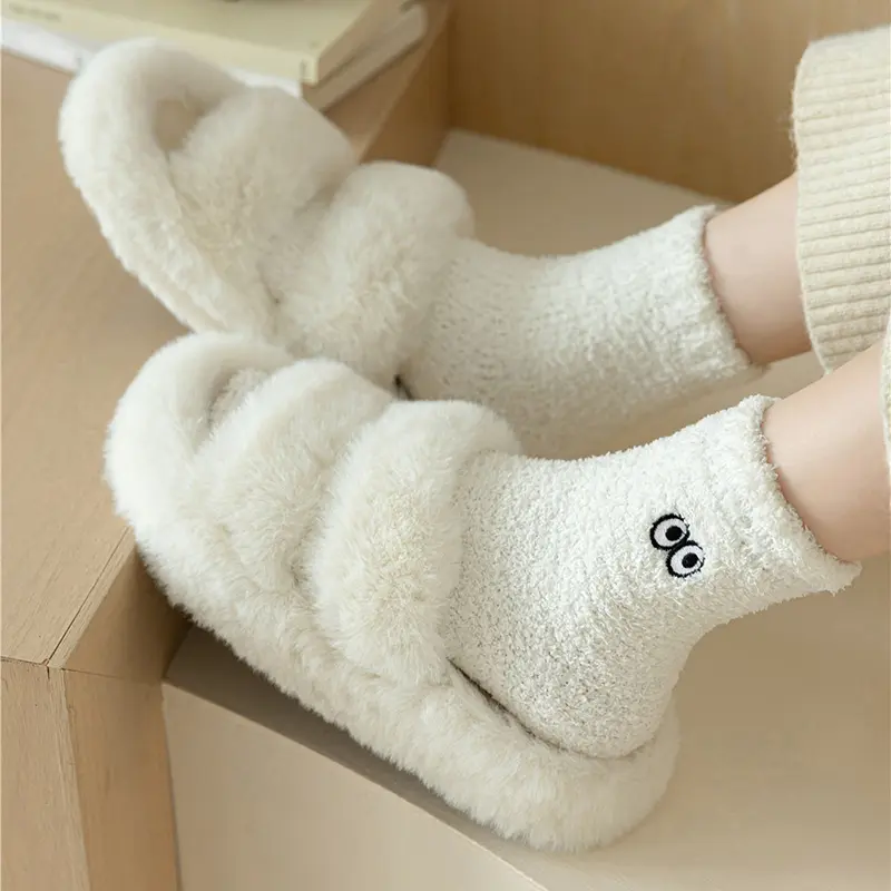 Cute Coral Fleece Socks Women Winter Warm Thicken Plush Indoor Sock Cartoon Big Eye Solid Color Female Floor Socks