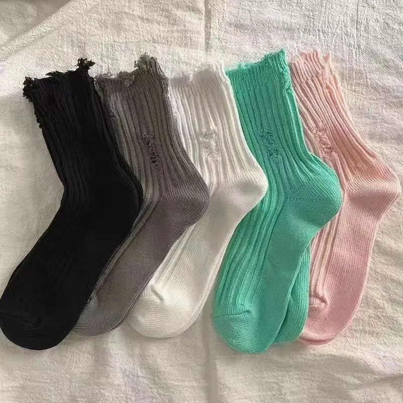 Broken Hole Harajuku Socks for Women Hip-Hop Skateboard Beggar Cotton Socks Medium Tube Knitted Street Stocking Trendy calcetine