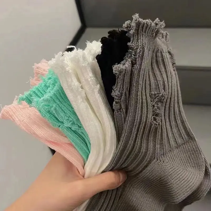 Broken Hole Harajuku Socks for Women Hip-Hop Skateboard Beggar Cotton Socks Medium Tube Knitted Street Stocking Trendy calcetine