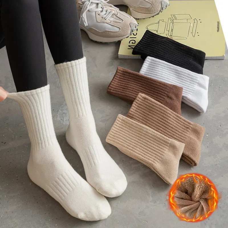 Winter Terry Socks for Women Solid Color Thicken Warm Cotton Middle Tube Sock Men Autumn Boneless Thermal Socks