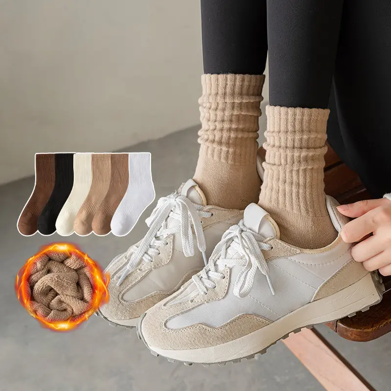 Winter Terry Socks for Women Solid Color Thicken Warm Cotton Middle Tube Sock Men Autumn Boneless Thermal Socks