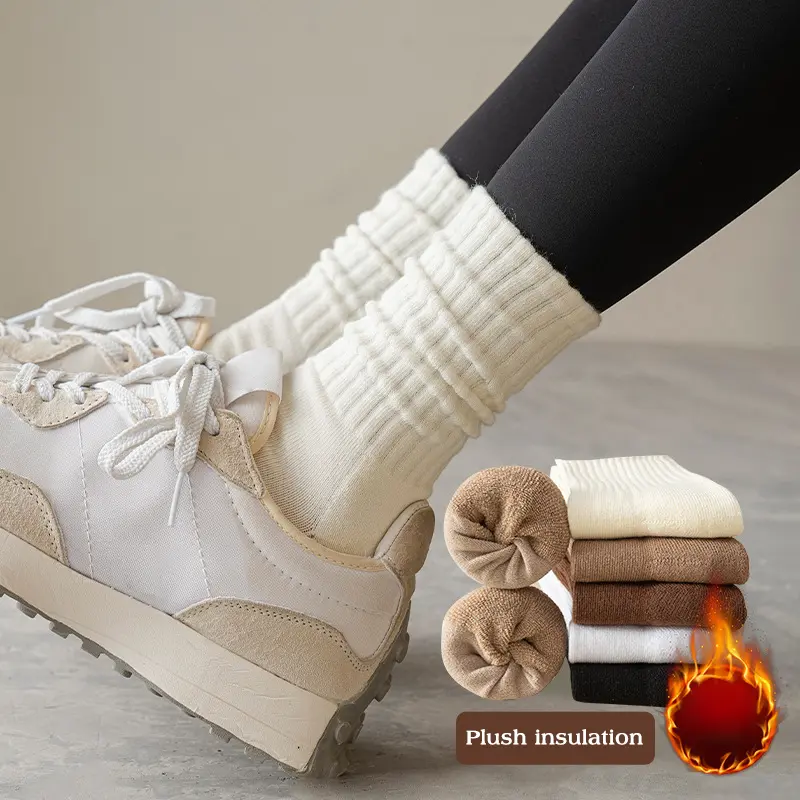 Winter Terry Socks for Women Solid Color Thicken Warm Cotton Middle Tube Sock Men Autumn Boneless Thermal Socks