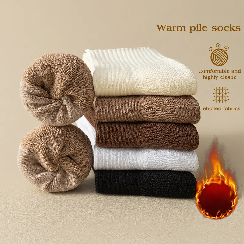 Winter Terry Socks for Women Solid Color Thicken Warm Cotton Middle Tube Sock Men Autumn Boneless Thermal Socks
