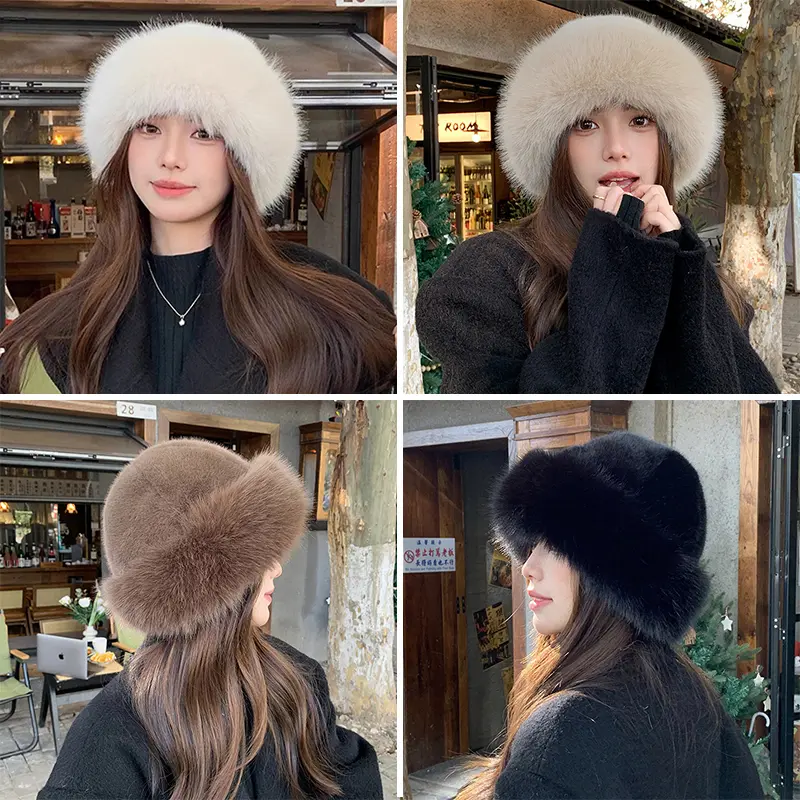 Winter Fluffy Faux Fur Bucket Hat Women Solid Color Luxury Plush Fisherman Cap Female Outdoor Warm Thick Panama Caps