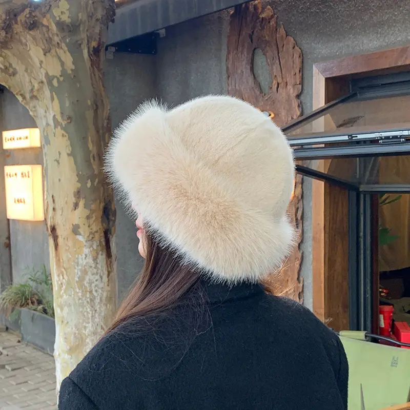 Winter Fluffy Faux Fur Bucket Hat Women Solid Color Luxury Plush Fisherman Cap Female Outdoor Warm Thick Panama Caps