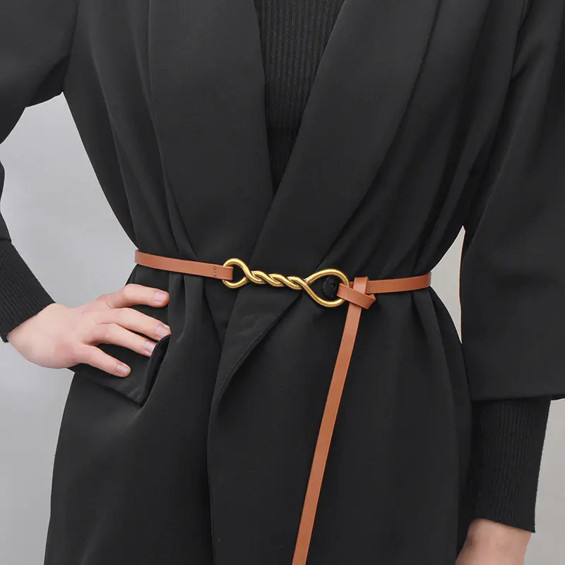 Retro Women Thin Belt Golden Buckle PU Leather Waist Strap for Dress Coat Dress Ladies Female Decor Knotted Waistband 벨트
