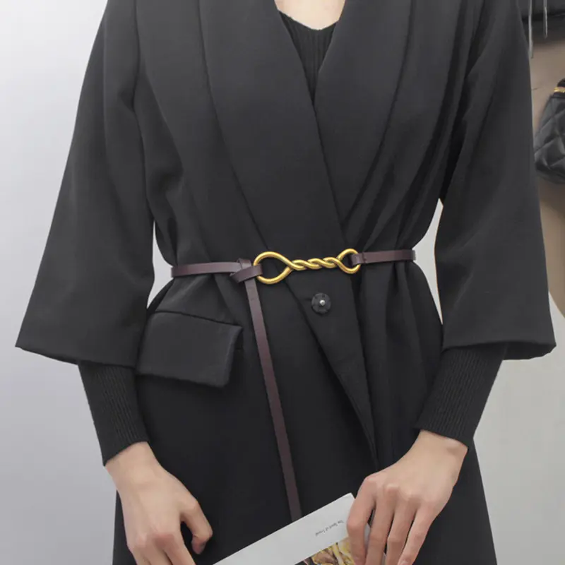 Retro Women Thin Belt Golden Buckle PU Leather Waist Strap for Dress Coat Dress Ladies Female Decor Knotted Waistband 벨트