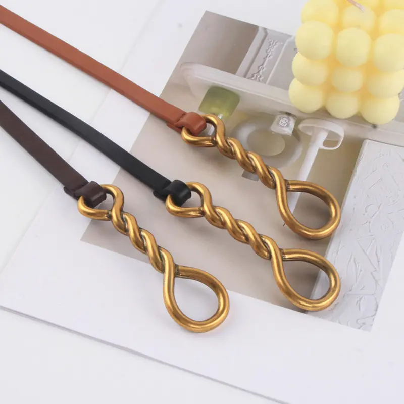 Retro Women Thin Belt Golden Buckle PU Leather Waist Strap for Dress Coat Dress Ladies Female Decor Knotted Waistband 벨트