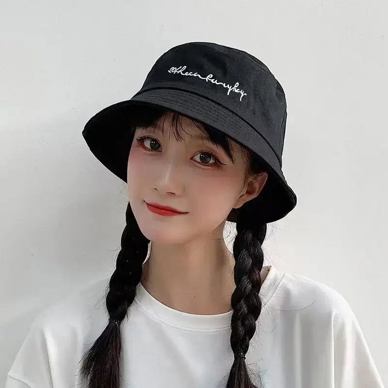 Summer Letter Bucket Hat for Women Cotton Solid Color Foldable Fisherman Cap Outdoor Sunscreen Beach Caps