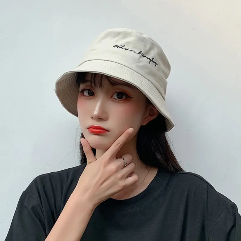 Summer Letter Bucket Hat for Women Cotton Solid Color Foldable Fisherman Cap Outdoor Sunscreen Beach Caps