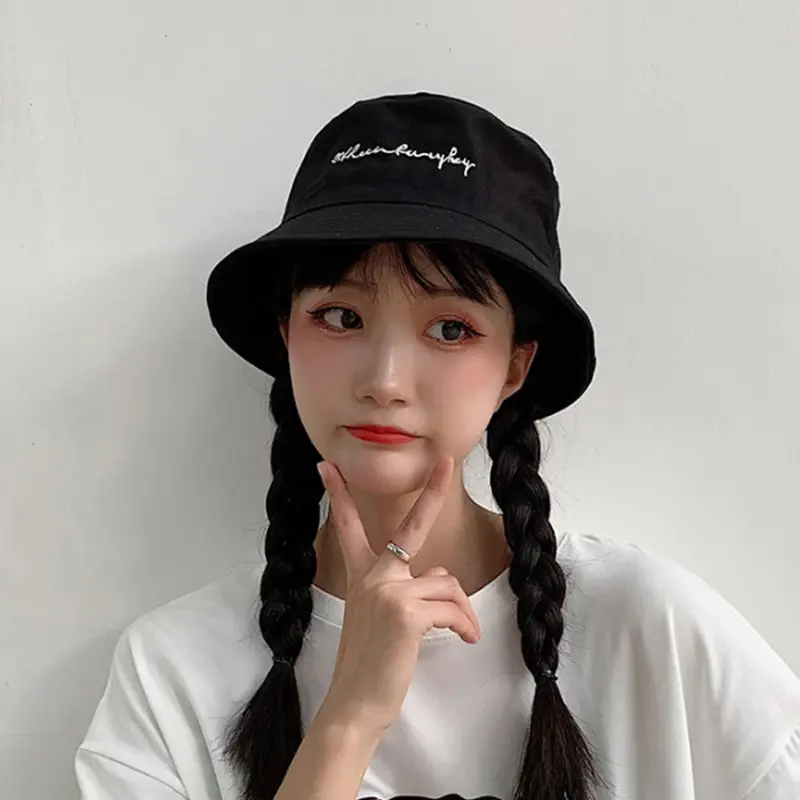 Summer Letter Bucket Hat for Women Cotton Solid Color Foldable Fisherman Cap Outdoor Sunscreen Beach Caps