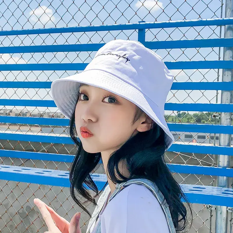 Summer Letter Bucket Hat for Women Cotton Solid Color Foldable Fisherman Cap Outdoor Sunscreen Beach Caps