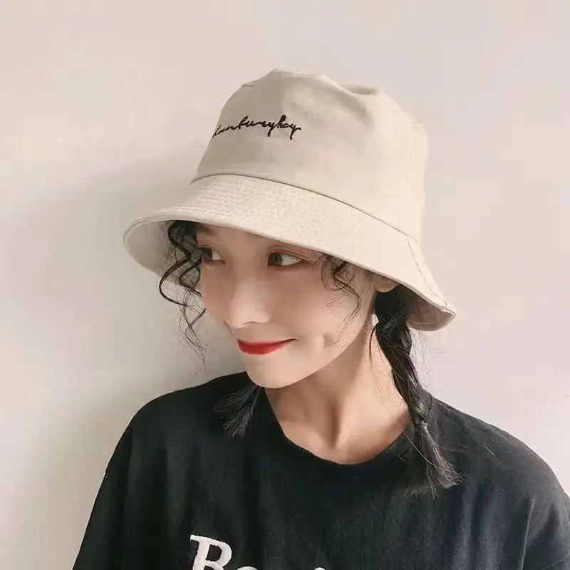 Summer Letter Bucket Hat for Women Cotton Solid Color Foldable Fisherman Cap Outdoor Sunscreen Beach Caps
