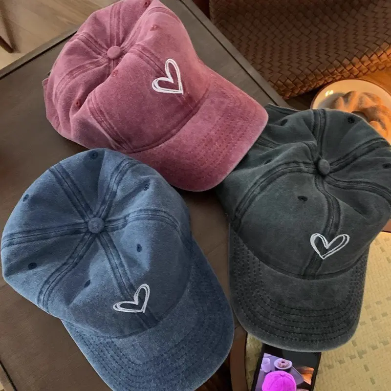 Vintage Washed Cotton Baseball Cap Women Solid Color Love Heart Sun Hat Summer Adjustable Cotton Female Snapback Hats