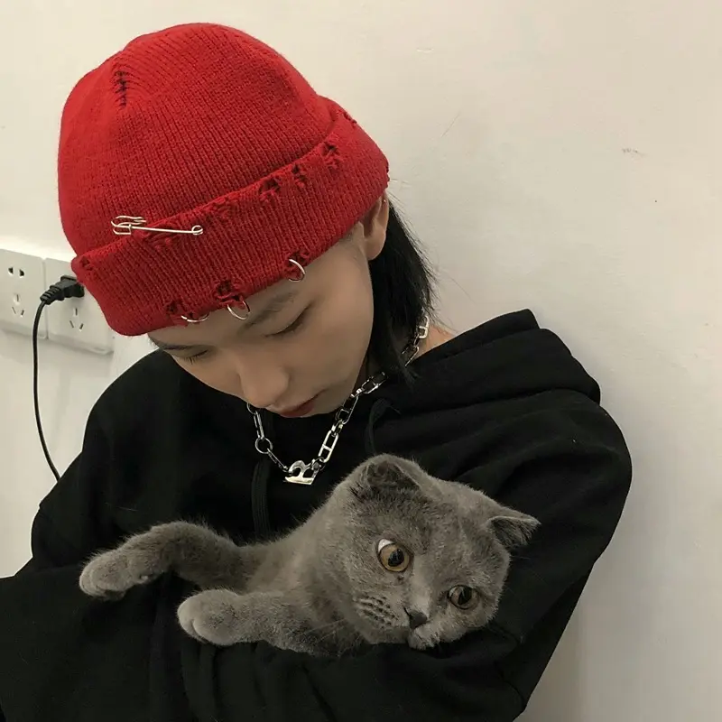 Solid Color Knitted Hat Punk Hip Hop Beanies for Men Women Metal Pin Ring Brimless Melon Cap Winter Warm Crochet Bonnet Gorras