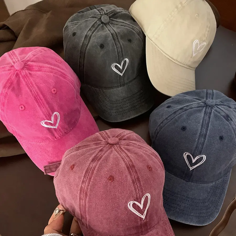 Vintage Washed Cotton Baseball Cap Women Solid Color Love Heart Sun Hat Summer Adjustable Cotton Female Snapback Hats