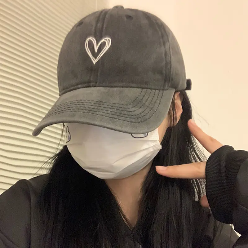 Vintage Washed Cotton Baseball Cap Women Solid Color Love Heart Sun Hat Summer Adjustable Cotton Female Snapback Hats