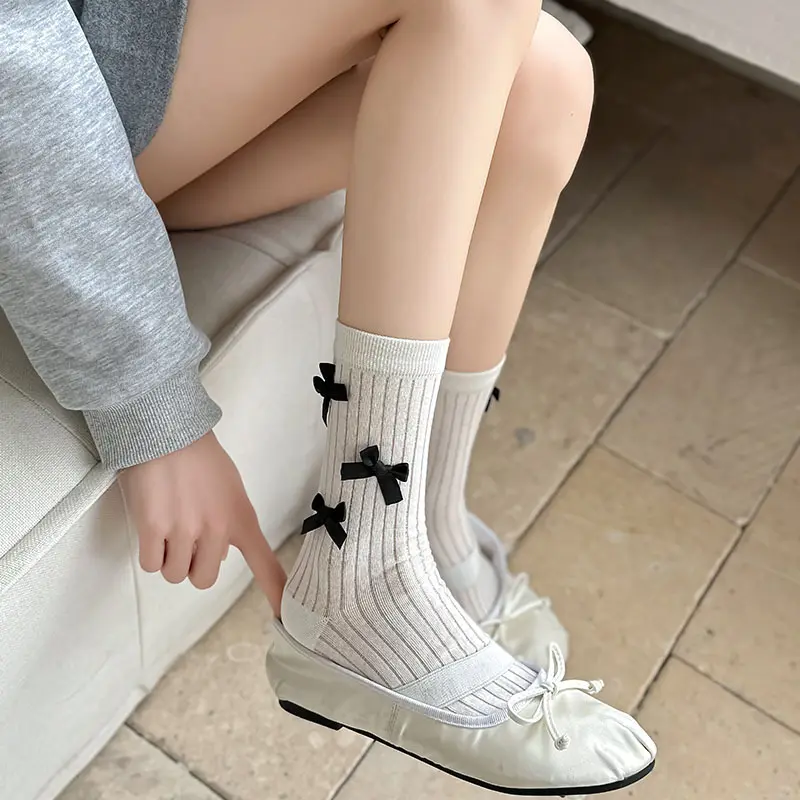 Lolita Bow Socks for Women Spring Summer Cotton Mid-tube Sock Y2K Girls Japanese Bowknot Solid Color JK Socks