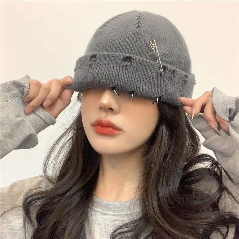 Solid Color Knitted Hat Punk Hip Hop Beanies for Men Women Metal Pin Ring Brimless Melon Cap Winter Warm Crochet Bonnet Gorras