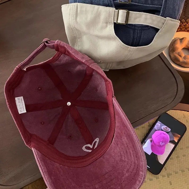 Vintage Washed Cotton Baseball Cap Women Solid Color Love Heart Sun Hat Summer Adjustable Cotton Female Snapback Hats