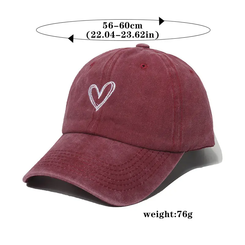 Vintage Washed Cotton Baseball Cap Women Solid Color Love Heart Sun Hat Summer Adjustable Cotton Female Snapback Hats