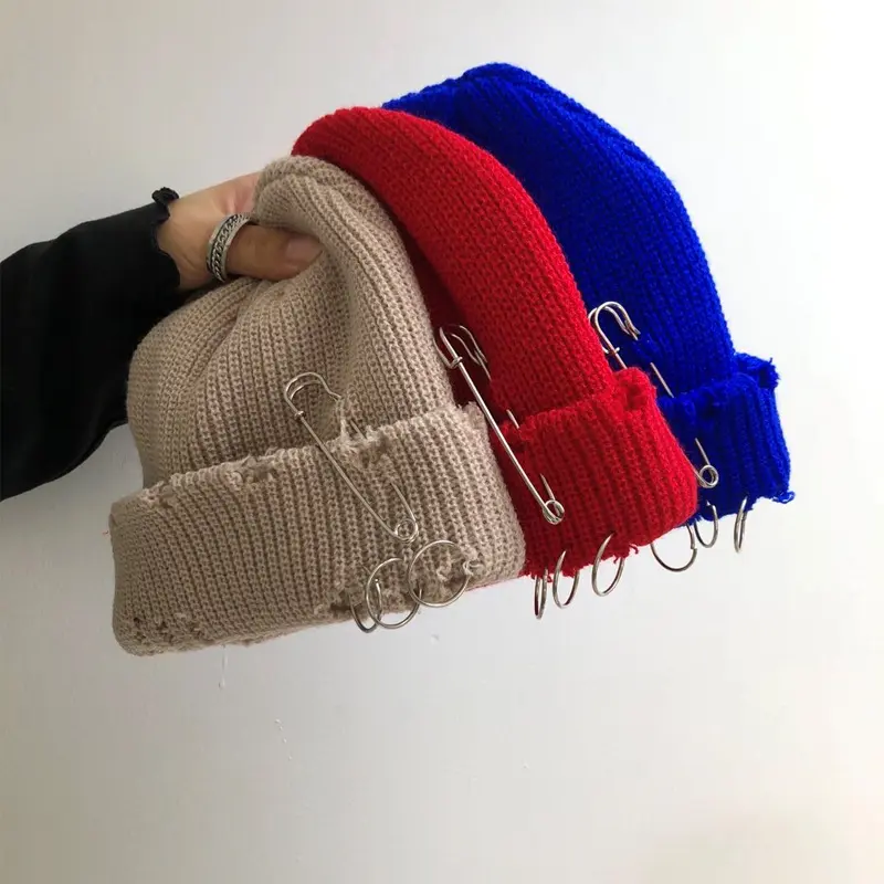 Solid Color Knitted Hat Punk Hip Hop Beanies for Men Women Metal Pin Ring Brimless Melon Cap Winter Warm Crochet Bonnet Gorras