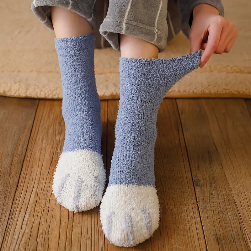 Cute Coral Fleece Socks for Women Cartoon Cat Thicken Fluffy Sleep Sock Winter Soft Warm Plush Female Lady Floor Socks