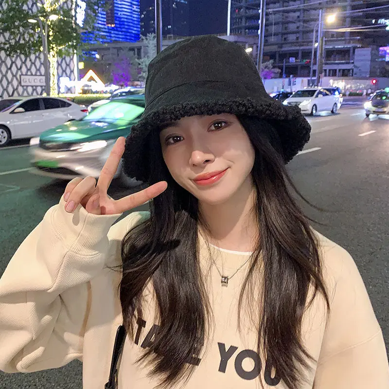 Winter Faux Fur Bucket Hat Women Thicken Lamb Wool Fleece Fisherman Cap Korean Solid Color Plush Windproof Basin Hats