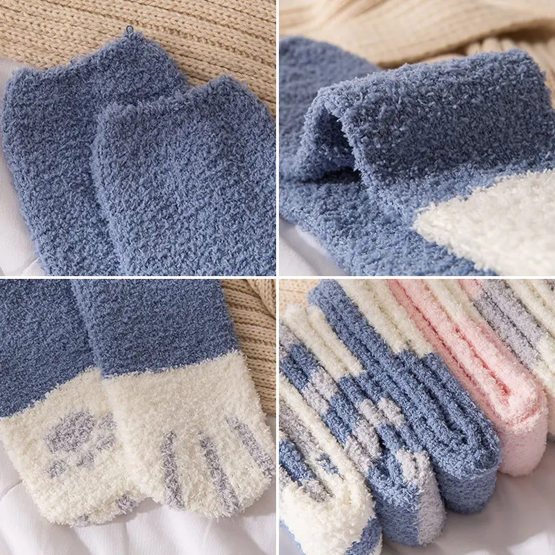 Cute Coral Fleece Socks for Women Cartoon Cat Thicken Fluffy Sleep Sock Winter Soft Warm Plush Female Lady Floor Socks