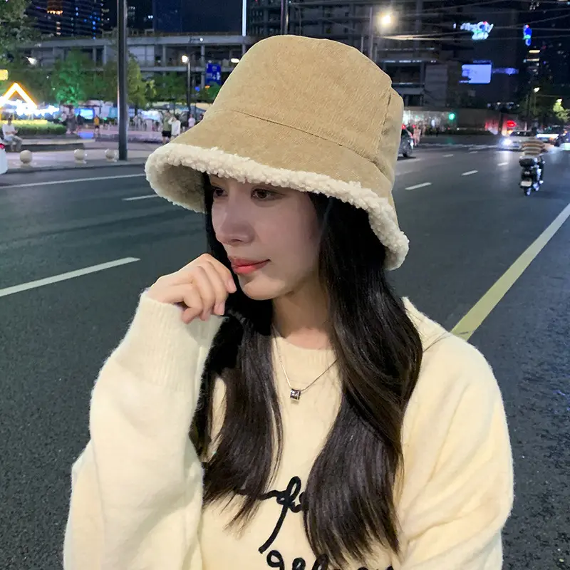 Winter Faux Fur Bucket Hat Women Thicken Lamb Wool Fleece Fisherman Cap Korean Solid Color Plush Windproof Basin Hats