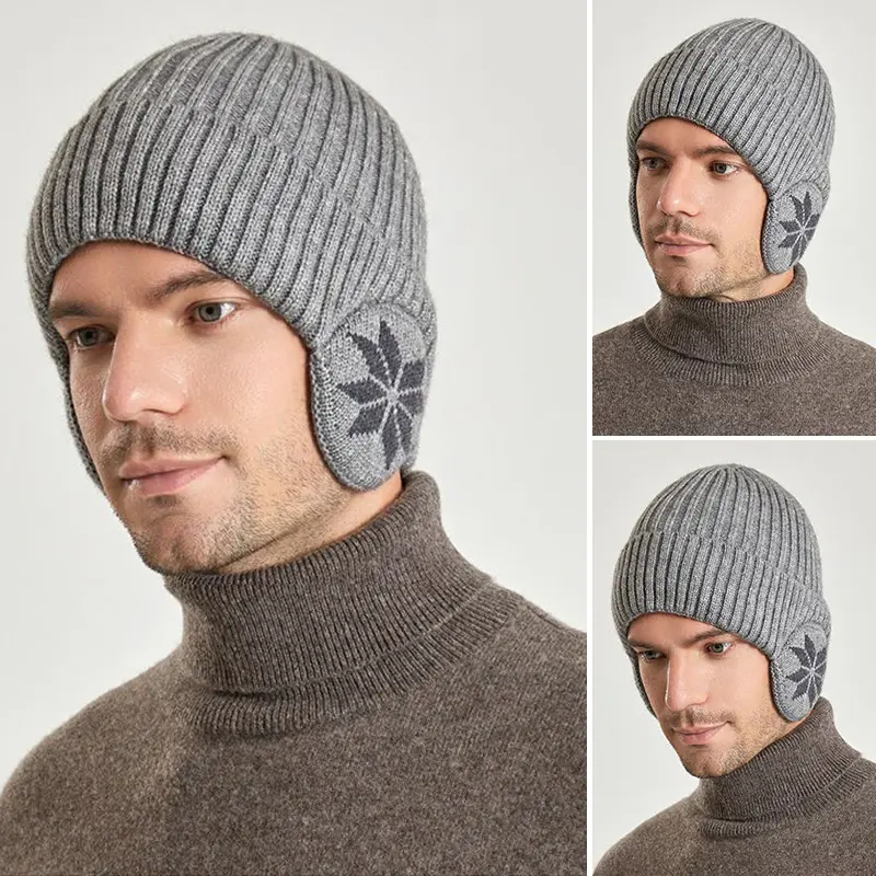 Winter Knit Hat with Earflap Outdoor Warm Cycling Ski Beanie Cap for Women Men Thicken Plush Lining Earmuff Hats