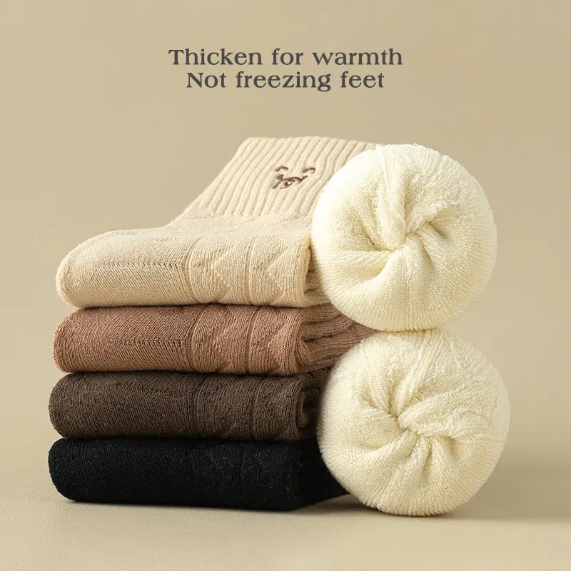 Cute Bear Women Socks Winter Thicken Warm Terry Sock Japanese Solid Color Cartoon Female Home Sleeping Socks Lady Hosiery