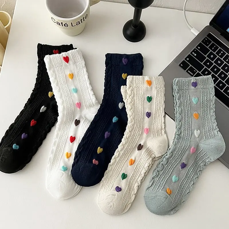 Cute Heart Socks for Women Candy Color Love Print Middle Tube Sock Harajuku Vintage Female  Cotton Socks