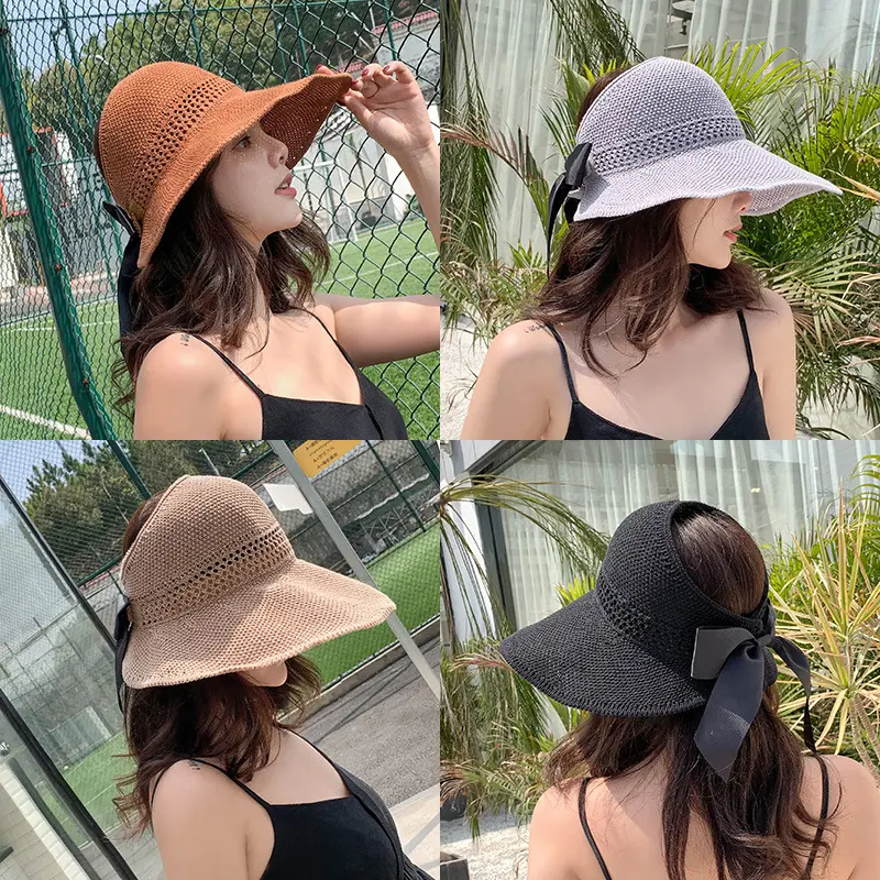 Large-brim Sun Hat for Women Foldable Bow Ribbon Female Straw Cap Summer Outdoor Beach Sunshade Hats 여름모자